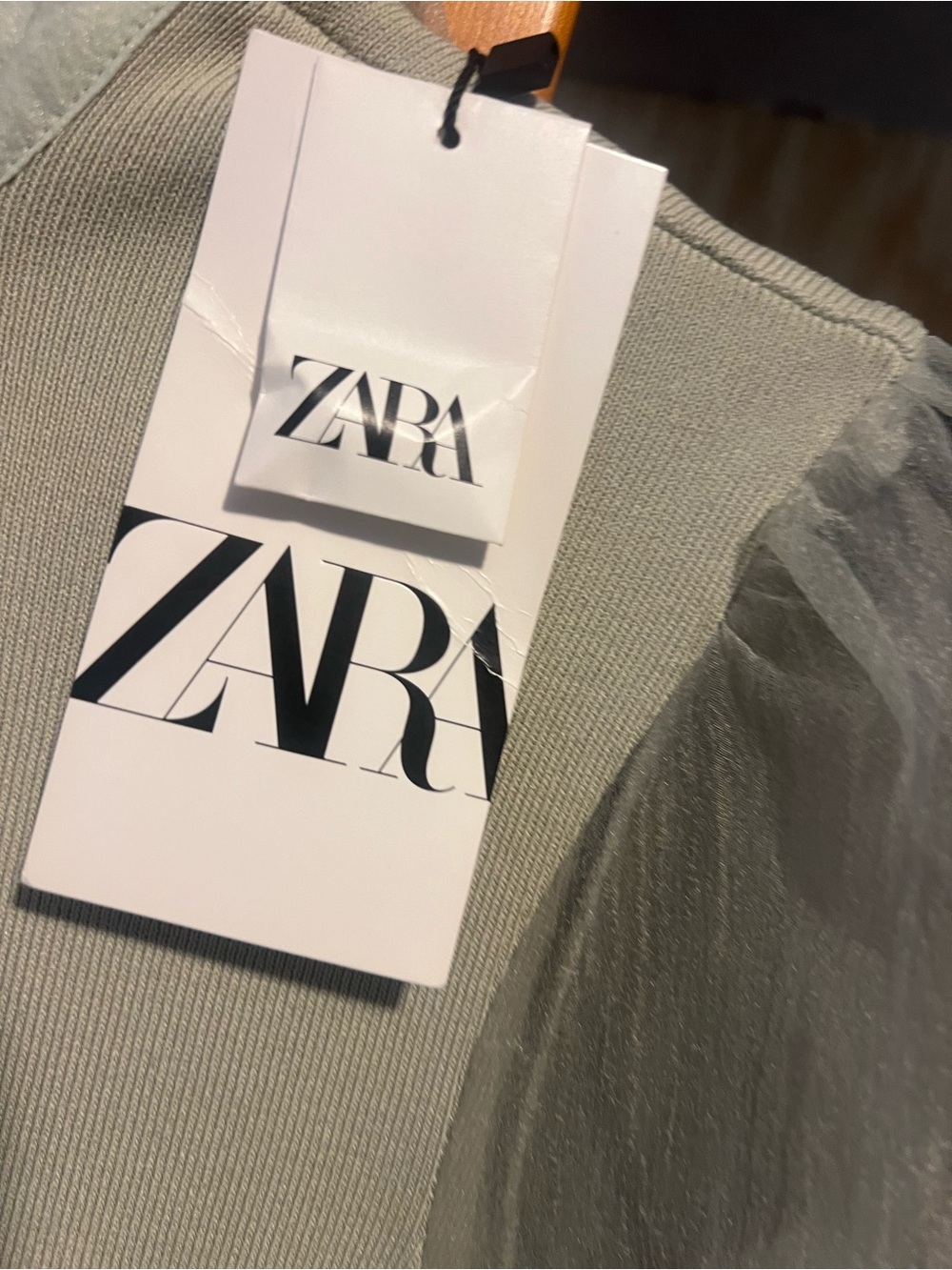 ZARA Women's Light Gray Knit Top with Sheer Puff Sleeve